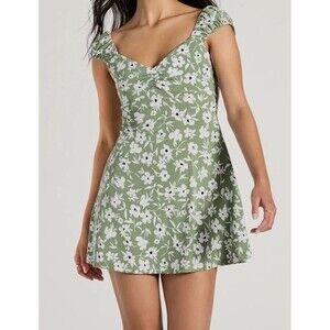 Windsor Green White Floral Ruffle Sleeve Midi Dress V-Neck Lightweight Women (S)